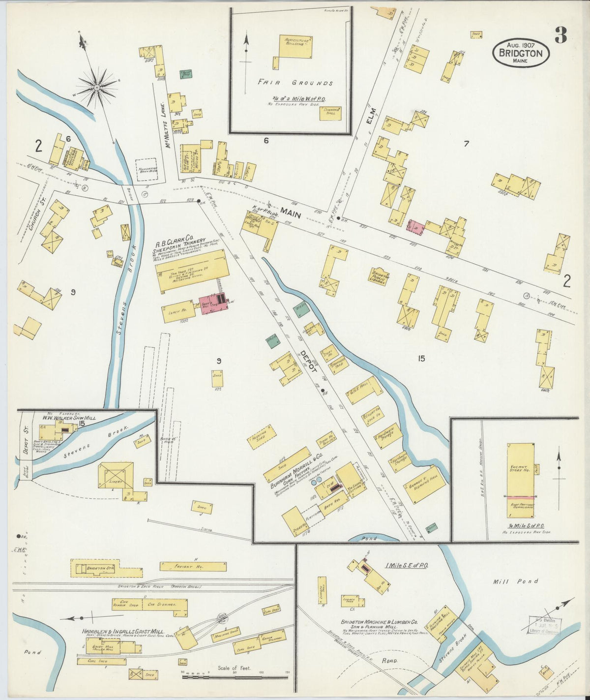 Sanborn Fire Insurance Map from Bridgton, Cumberland County, Maine (1907), Sheet #0003 - Complete Map Set gallery image, historic Sanborn map, vintage wall art, Maine Maine