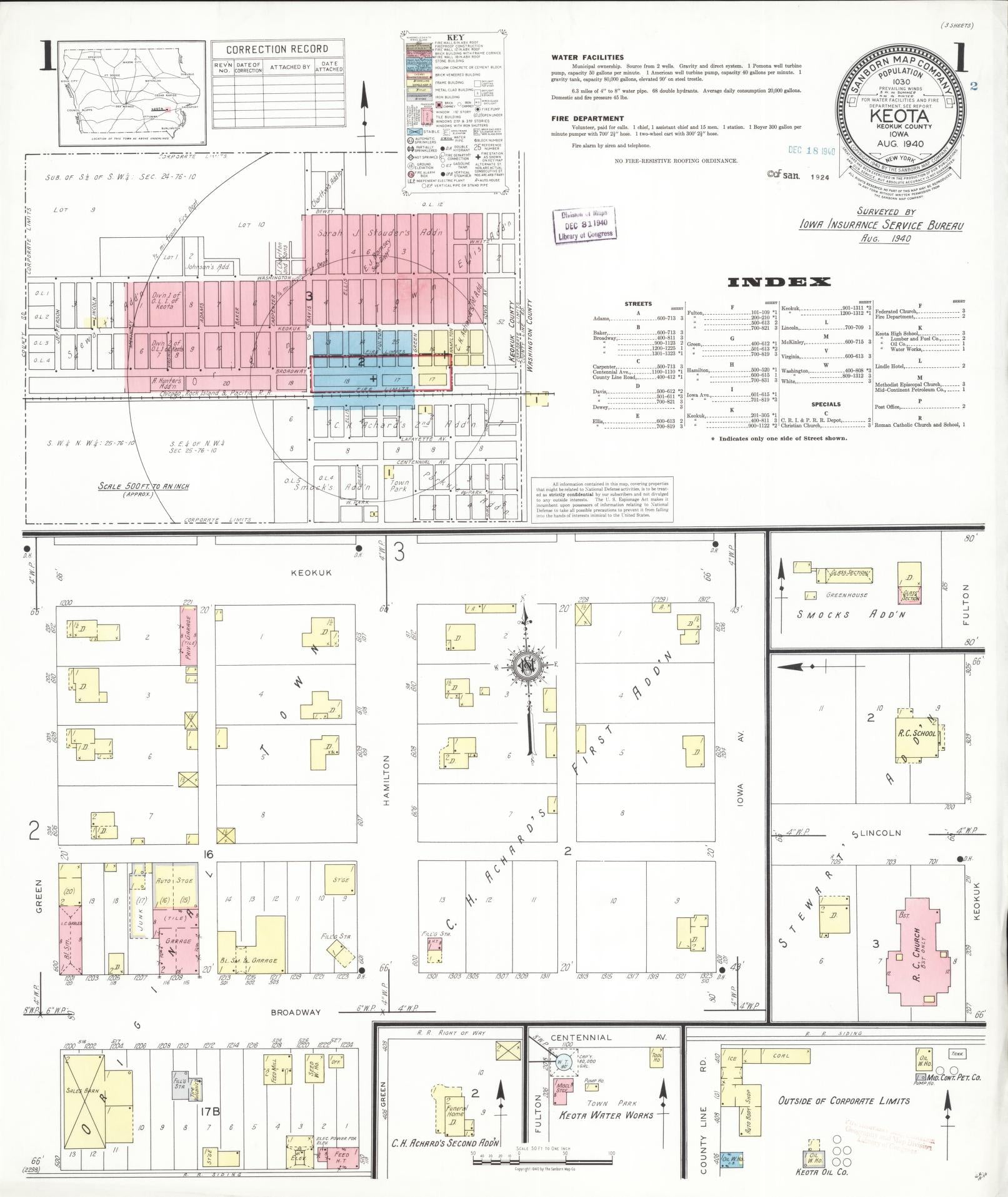 Sanborn Fire Insurance Map from Keota, Keokuk County, Iowa (1940), Sheet #0001 - Historic Sanborn Fire Insurance Map Print, vintage old map wall art