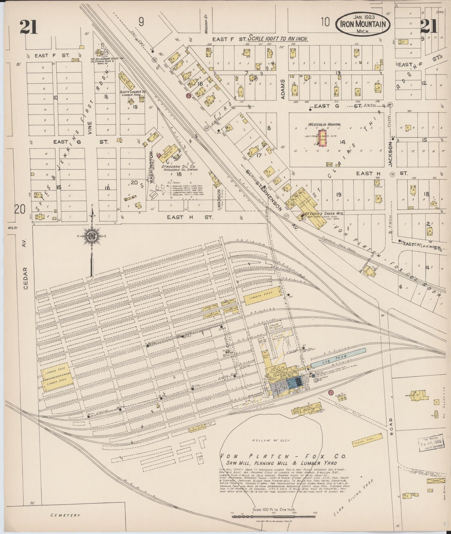 Sanborn Fire Insurance Map from Iron Mountain, Dickinson County, Michigan (1923), Sheet #0021 - Historic Sanborn Fire Insurance Map Print, vintage old map wall art, antique decor, genealogy gift, Michigan Michigan map