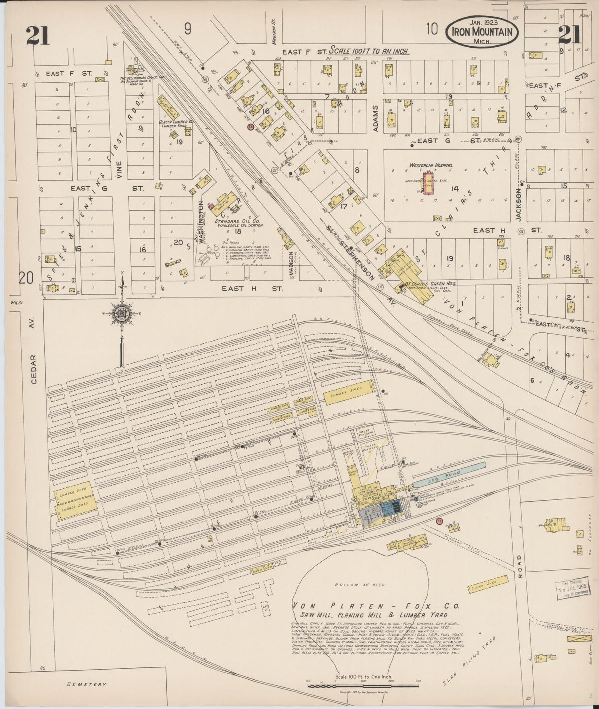 Sanborn Fire Insurance Map from Iron Mountain, Dickinson County, Michigan (1923), Sheet #0021 - Historic Sanborn Fire Insurance Map Print, vintage old map wall art, antique decor, genealogy gift, Michigan Michigan map