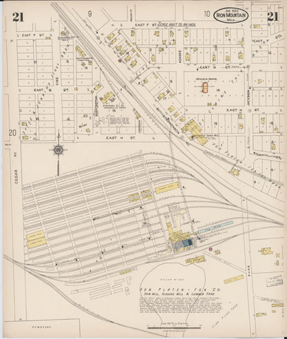 Sanborn Fire Insurance Map from Iron Mountain, Dickinson County, Michigan (1923), Sheet #0021 - Historic Sanborn Fire Insurance Map Print, vintage old map wall art, antique decor, genealogy gift, Michigan Michigan map