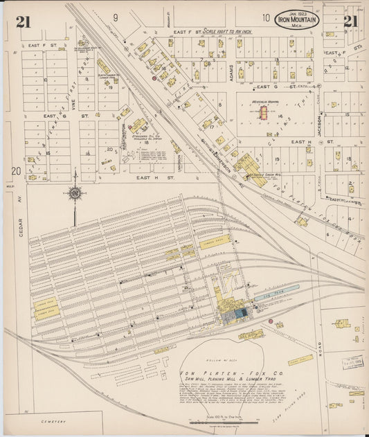 Sanborn Fire Insurance Map from Iron Mountain, Dickinson County, Michigan (1923), Sheet #0021 - Historic Sanborn Fire Insurance Map Print, vintage old map wall art, antique decor, genealogy gift, Michigan Michigan map