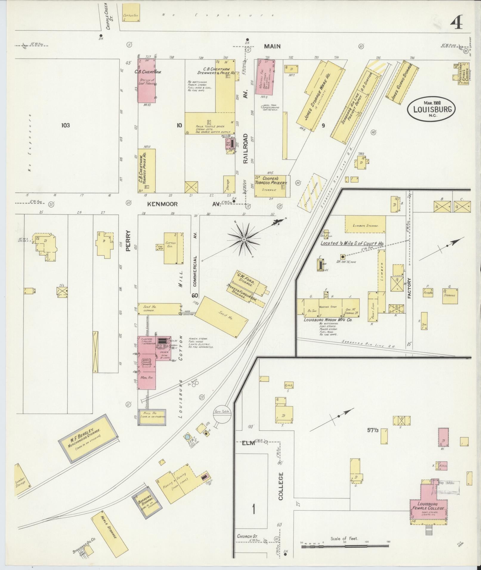 Sanborn Fire Insurance Map from Louisburg, Franklin County, North Carolina (1908), Sheet #0004 - Historic Sanborn Fire Insurance Map Print, vintage old map wall art, antique decor, genealogy gift, North Carolina North Carolina map