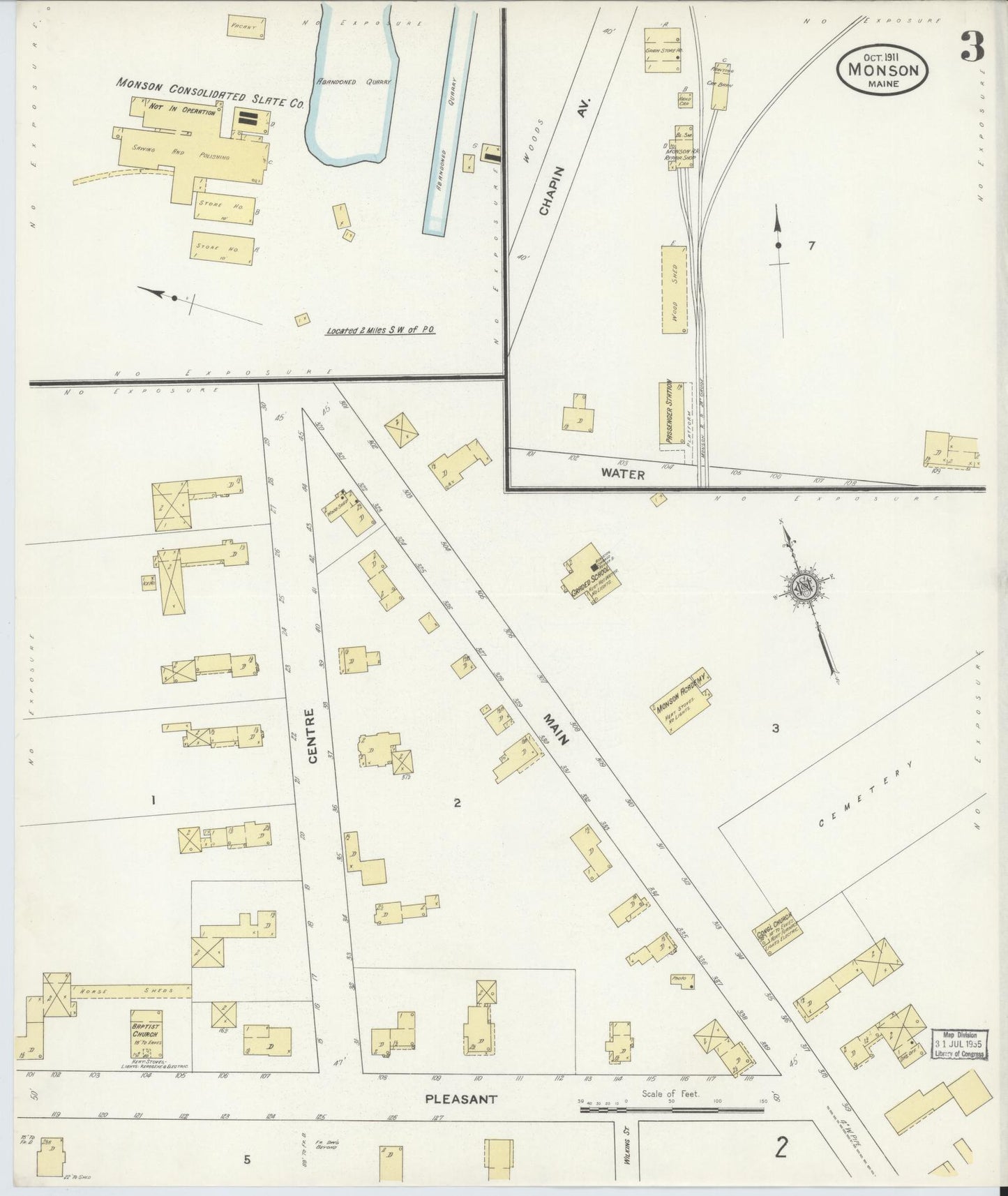 Sanborn Fire Insurance Map from Monson, Piscataquis County, Maine (1911), Sheet #0003 - Historic Sanborn Fire Insurance Map Print, vintage old map wall art, antique decor, genealogy gift, Maine Maine map