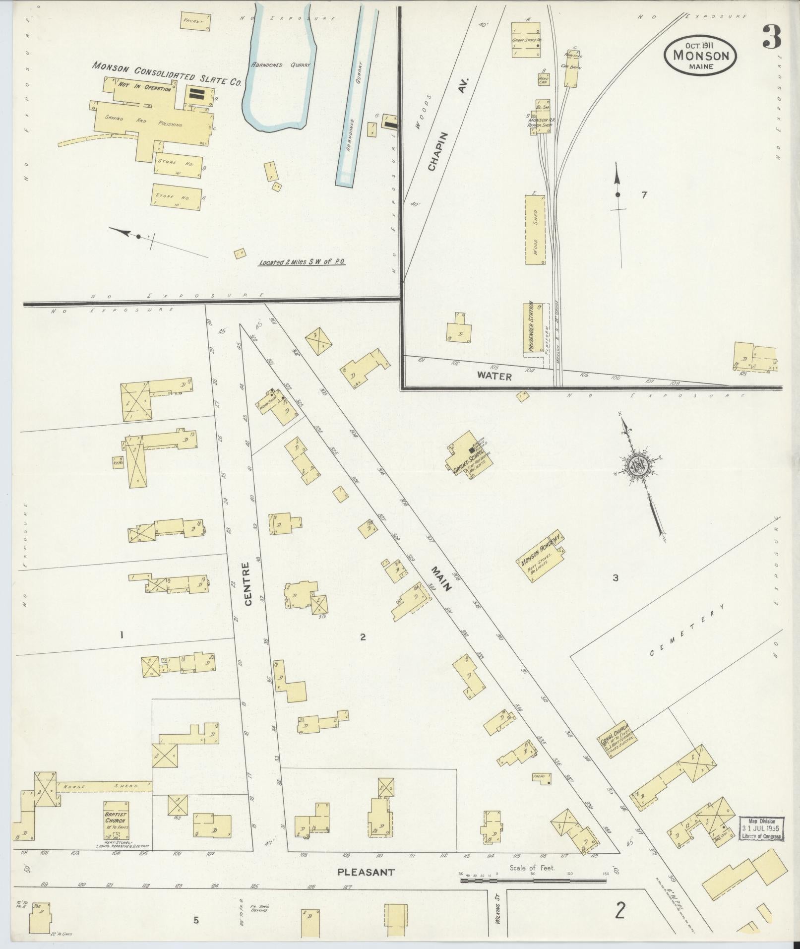 Sanborn Fire Insurance Map from Monson, Piscataquis County, Maine (1911), Sheet #0003 - Historic Sanborn Fire Insurance Map Print, vintage old map wall art, antique decor, genealogy gift, Maine Maine map