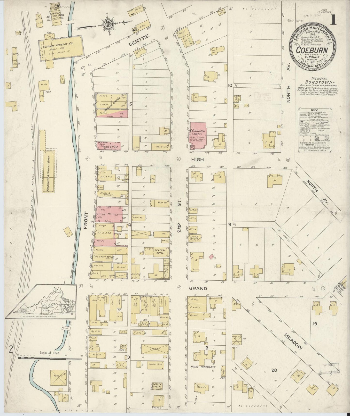 Sanborn Fire Insurance Map from Coeburn, Wise County, Virginia (1913), Sheet #0001 - Historic Sanborn Fire Insurance Map Print, vintage old map wall art, antique decor, genealogy gift, Virginia Virginia map
