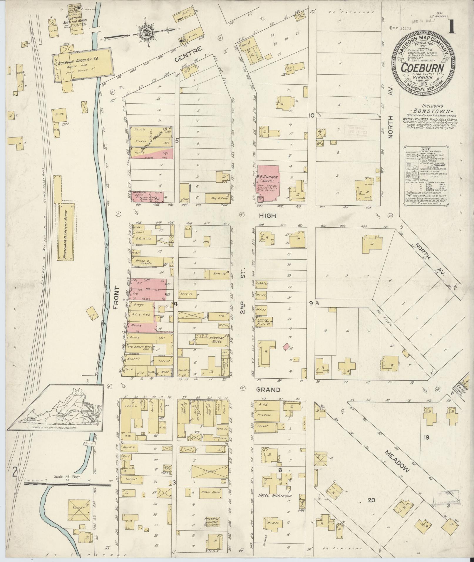 Sanborn Fire Insurance Map from Coeburn, Wise County, Virginia (1913), Sheet #0001 - Historic Sanborn Fire Insurance Map Print, vintage old map wall art, antique decor, genealogy gift, Virginia Virginia map