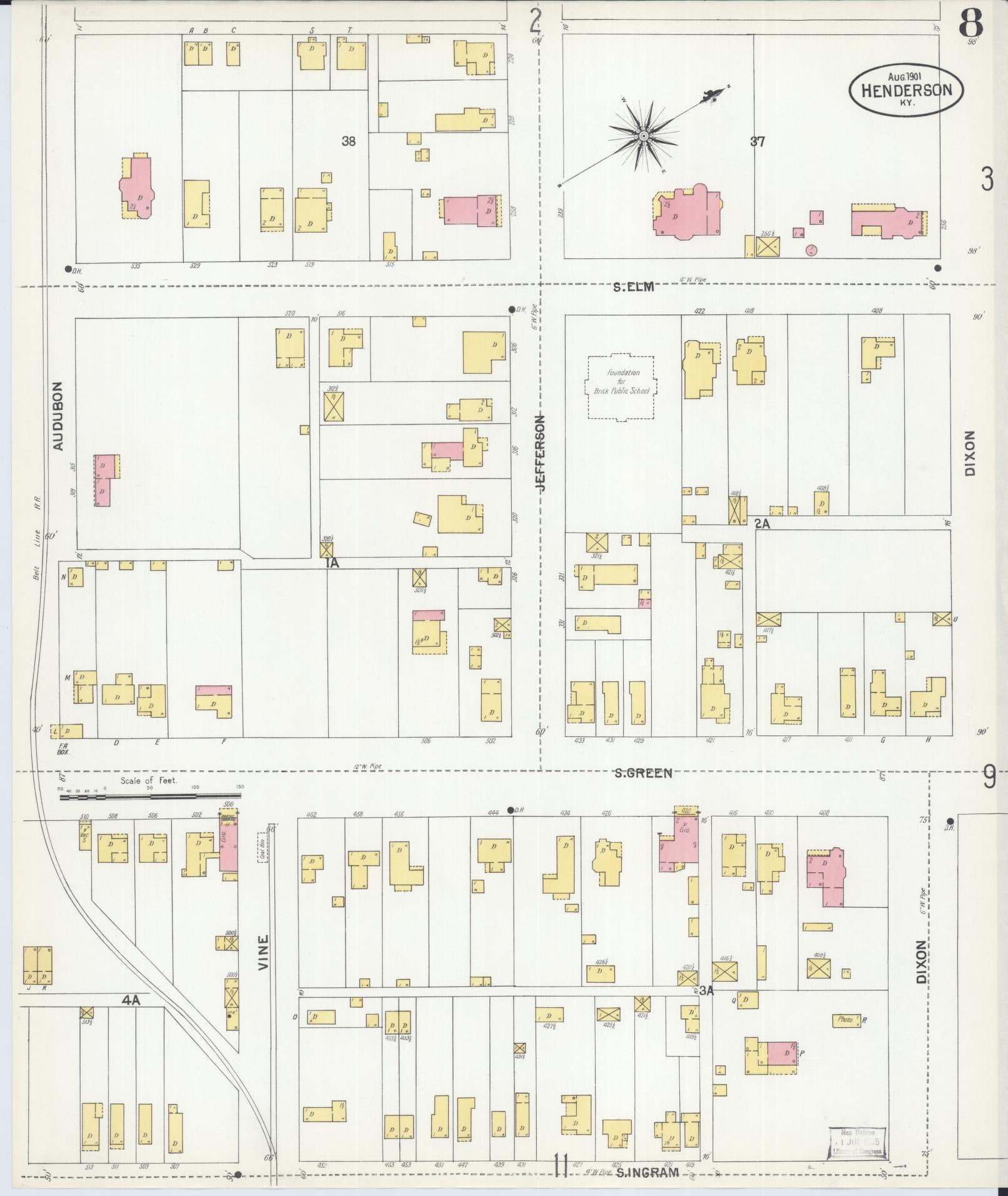 Sanborn Fire Insurance Map from Henderson, Henderson County, Kentucky (1901), Sheet #0008 - Historic Sanborn Fire Insurance Map Print, vintage old map wall art, antique decor, genealogy gift, Kentucky Kentucky map