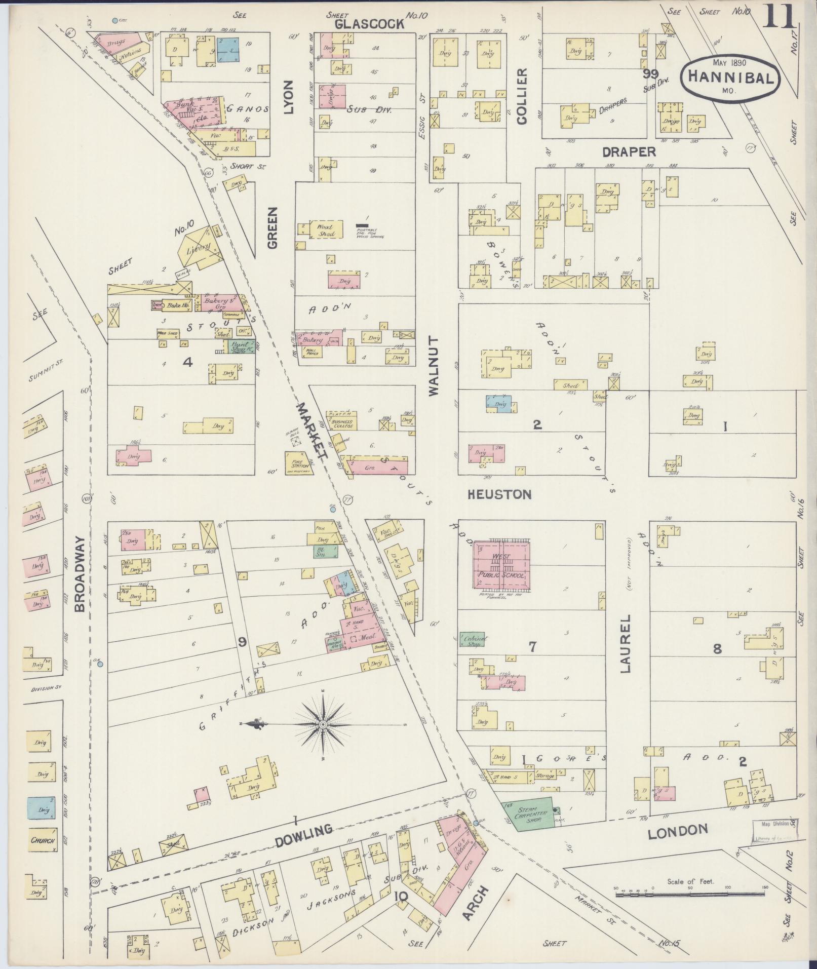 Sanborn Fire Insurance Map from Hannibal, Marion County, Missouri (1890), Sheet #0011 - Historic Sanborn Fire Insurance Map Print, vintage old map wall art, antique decor, genealogy gift, Missouri Missouri map