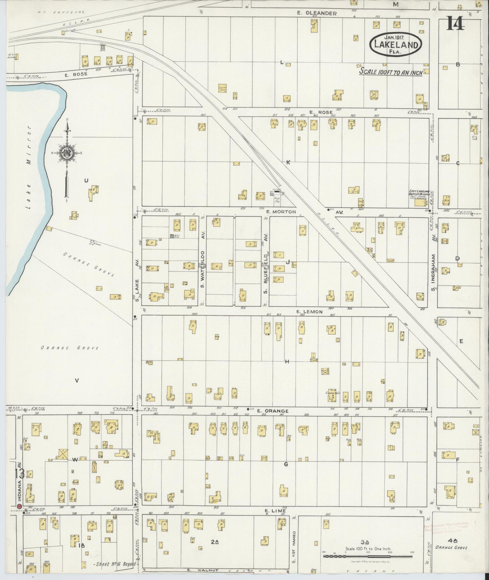 Sanborn Fire Insurance Map from Lakeland, Polk County, Florida (1917), Sheet #0014 - Complete Map Set gallery image, historic Sanborn map, vintage wall art, Florida Florida