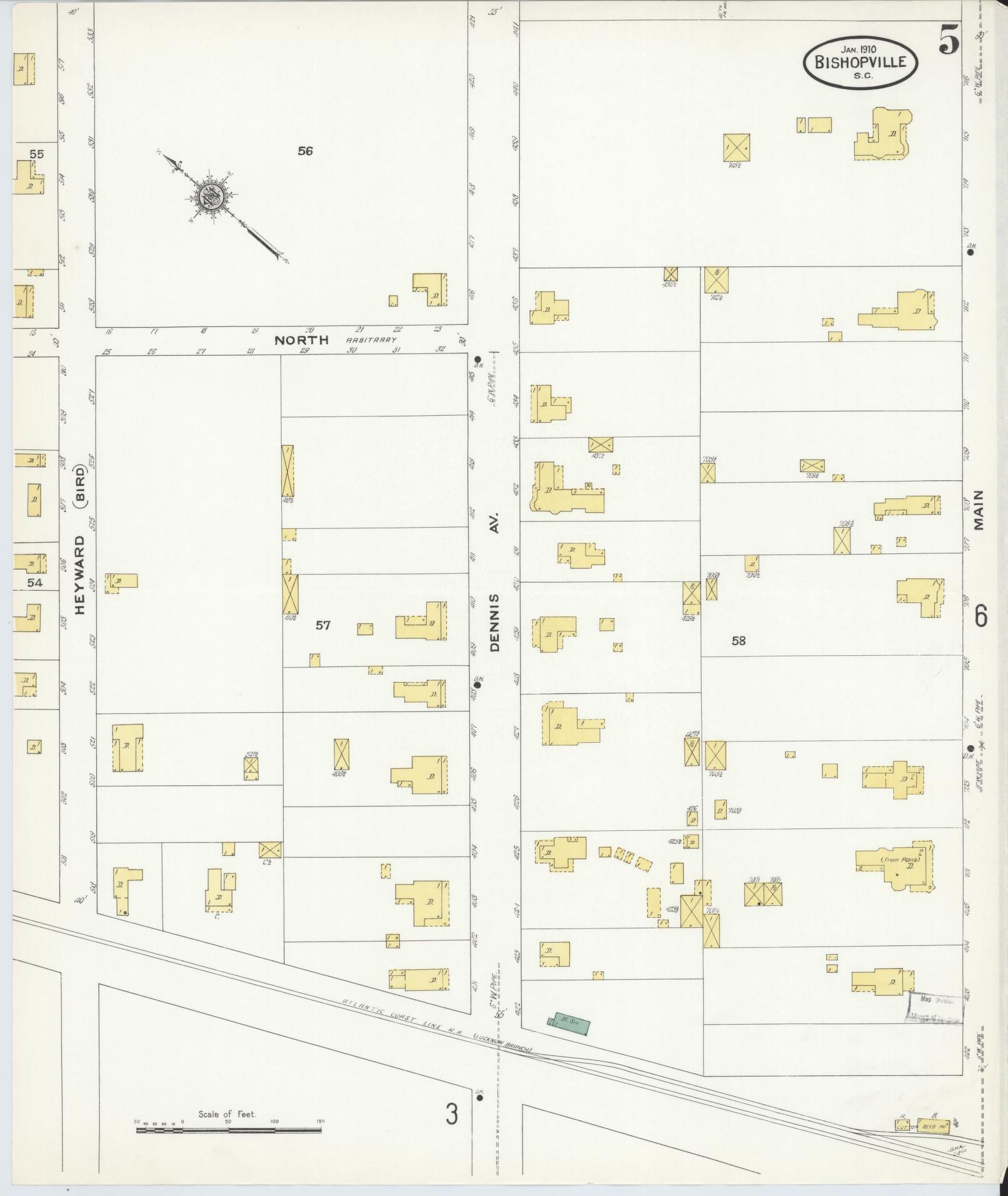 Sanborn Fire Insurance Map from Bishopville, Lee County, South Carolina (1910), Sheet #0005 - Complete Map Set gallery image, historic Sanborn map, vintage wall art, South Carolina South Carolina