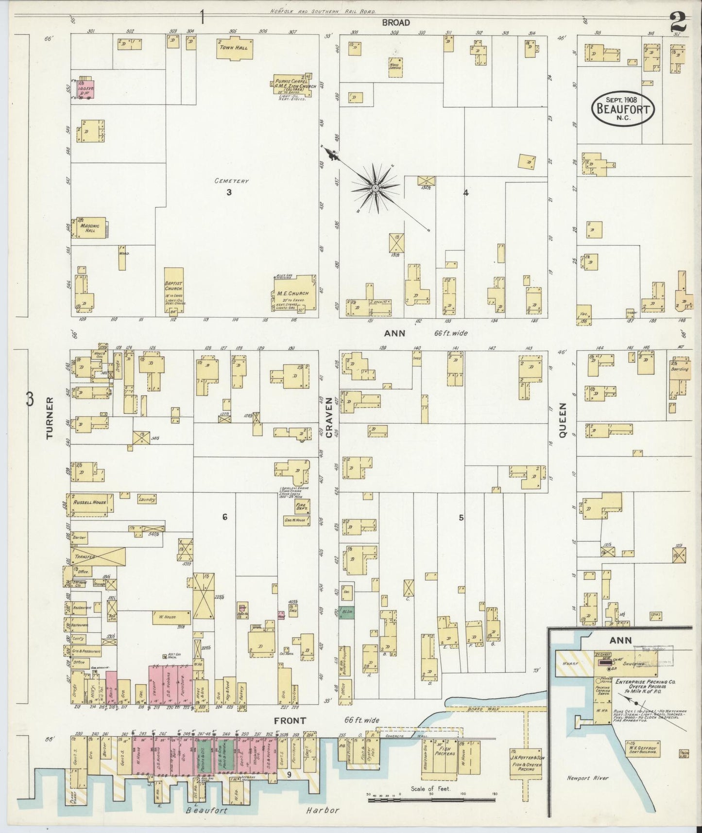 Sanborn Fire Insurance Map from Beaufort, Carteret County, North Carolina (1908), Sheet #0002 - Complete Map Set gallery image, historic Sanborn map, vintage wall art, North Carolina North Carolina