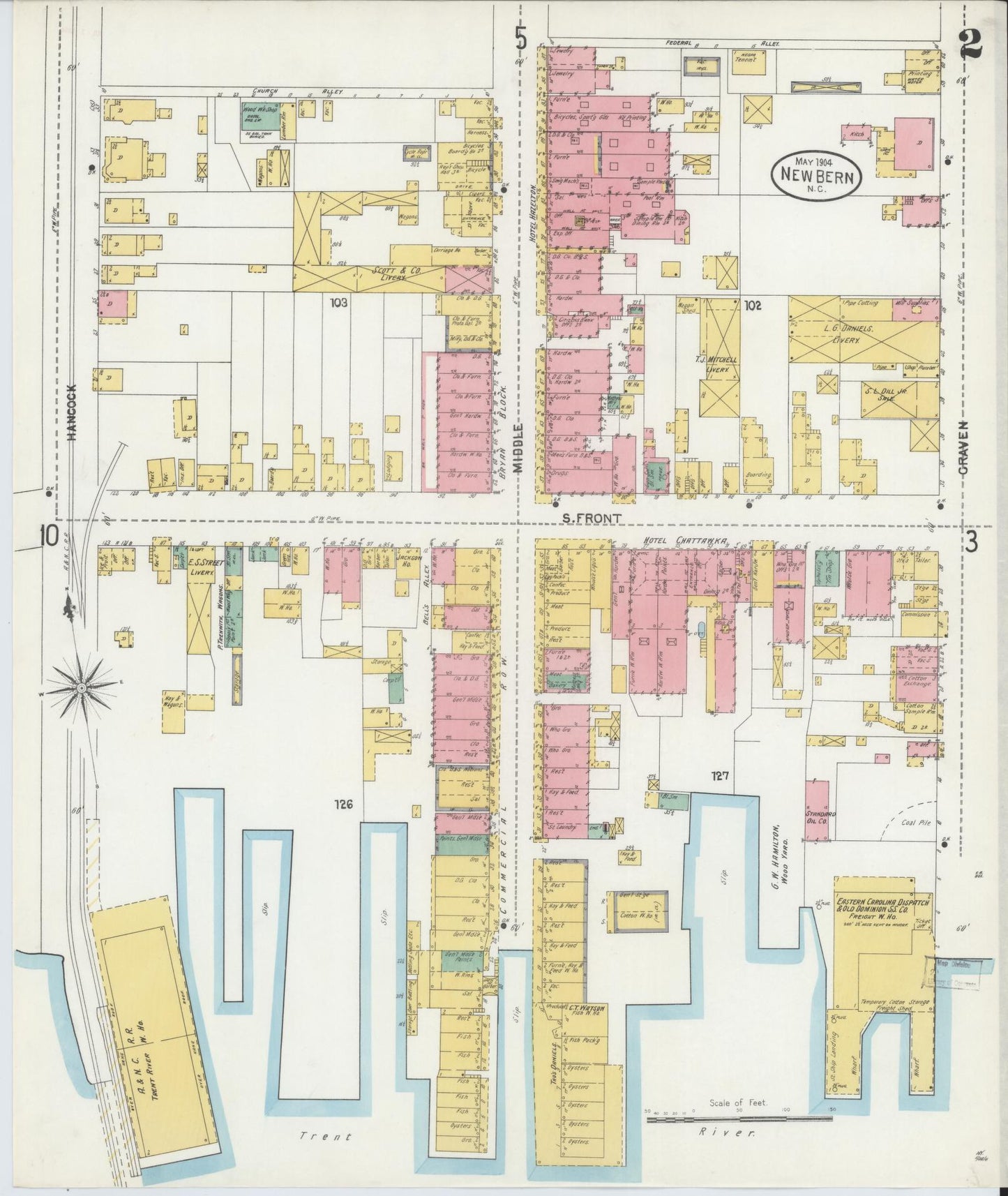 Sanborn Fire Insurance Map from New Bern, Craven County, North Carolina (1904), Sheet #0002 - Complete Map Set gallery image, historic Sanborn map, vintage wall art, North Carolina North Carolina