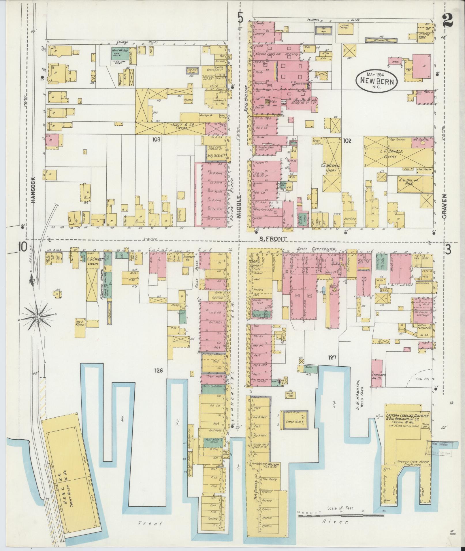 Sanborn Fire Insurance Map from New Bern, Craven County, North Carolina (1904), Sheet #0002 - Complete Map Set gallery image, historic Sanborn map, vintage wall art, North Carolina North Carolina