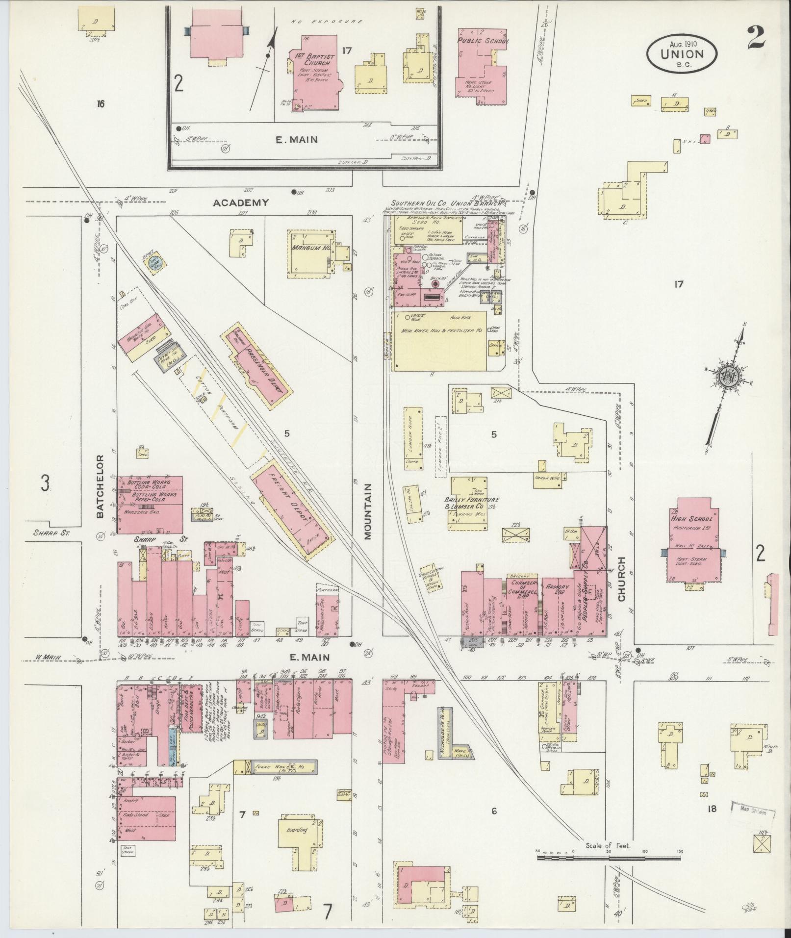 Sanborn Fire Insurance Map from Union, Union County, South Carolina (1910), Sheet #0002 - Complete Map Set gallery image, historic Sanborn map, vintage wall art, South Carolina South Carolina