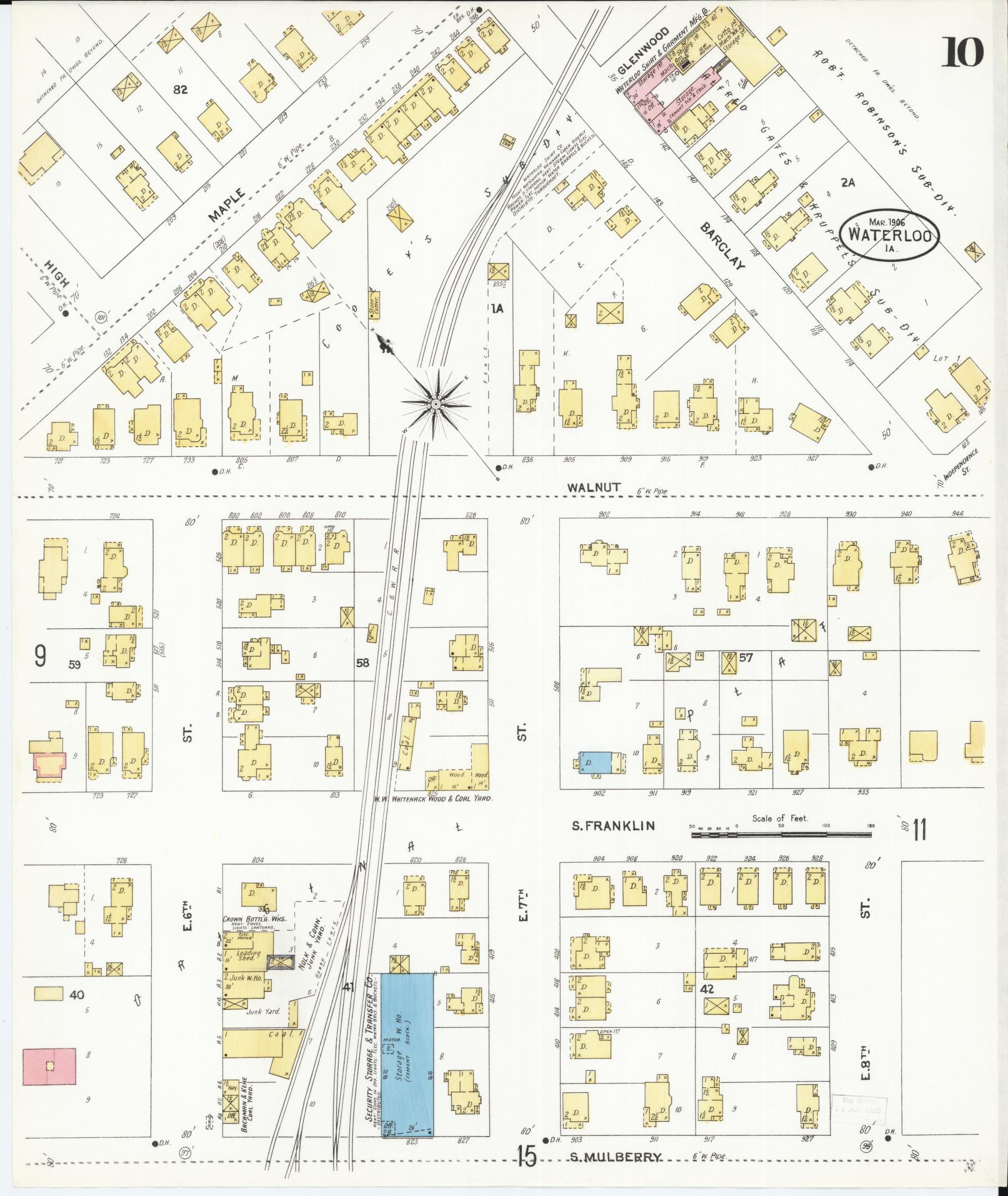 Sanborn Fire Insurance Map from Waterloo, Black Hawk County, Iowa (1906), Sheet #0010 - Historic Sanborn Fire Insurance Map Print, vintage old map wall art