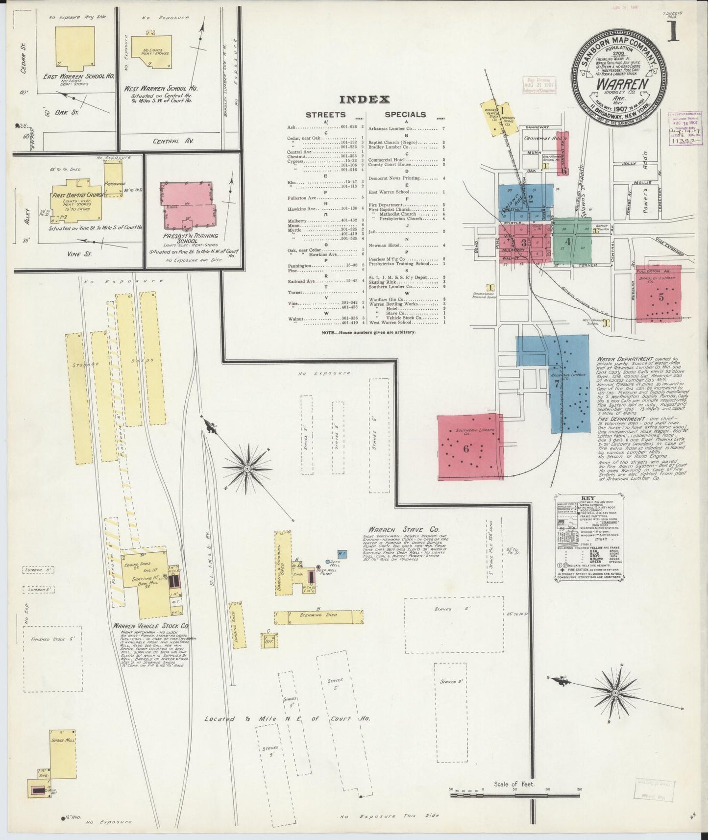 Sanborn Fire Insurance Map from Warren, Bradley County, Arkansas (1907), Sheet #0001 - Complete Map Set gallery image, historic Sanborn map, vintage wall art, Arkansas Arkansas