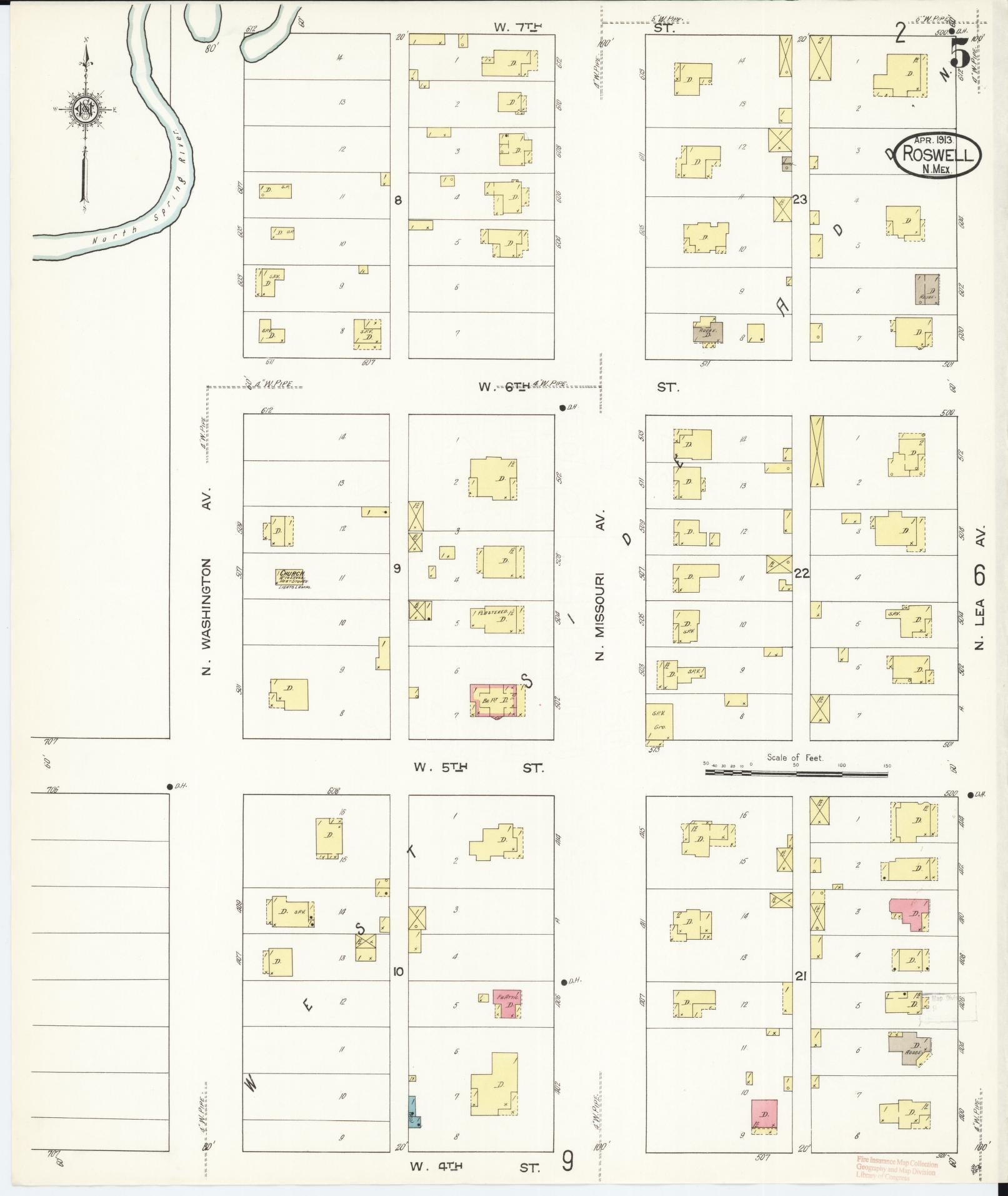 Sanborn Fire Insurance Map from Roswell, Chaves County, New Mexico (1913), Sheet #0005 - Historic Sanborn Fire Insurance Map Print, vintage old map wall art, antique decor, genealogy gift, New Mexico New Mexico map