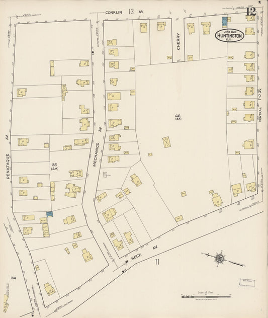 Sanborn Fire Insurance Map from Huntington, Suffolk County, New York (1922), Sheet #0012 - Historic Sanborn Fire Insurance Map Print, vintage old map wall art, antique decor, genealogy gift, New York New York map