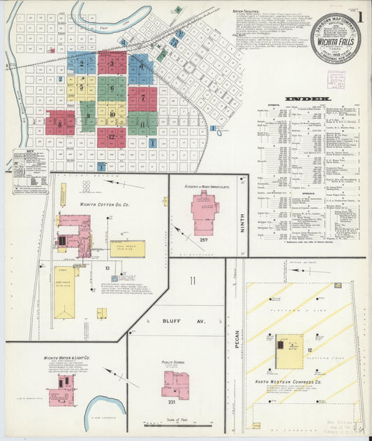 Sanborn Fire Insurance Map from Wichita Falls, Wichita County, Texas (1908), Sheet #0001 - Historic Sanborn Fire Insurance Map Print, vintage old map wall art, antique decor, genealogy gift, Texas Texas map