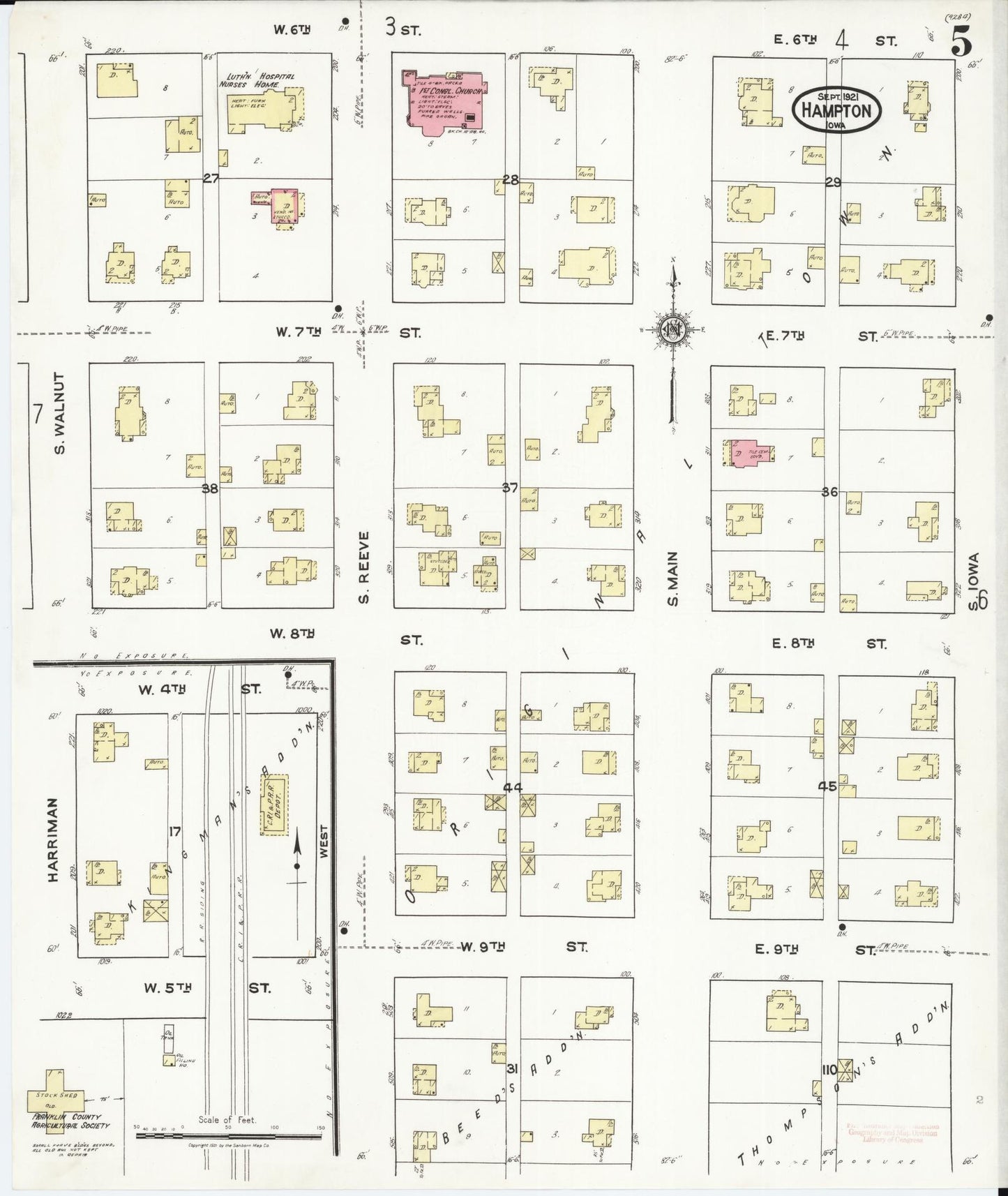 Sanborn Fire Insurance Map from Hampton, Franklin County, Iowa (1921), Sheet #0005 - Historic Sanborn Fire Insurance Map Print, vintage old map wall art
