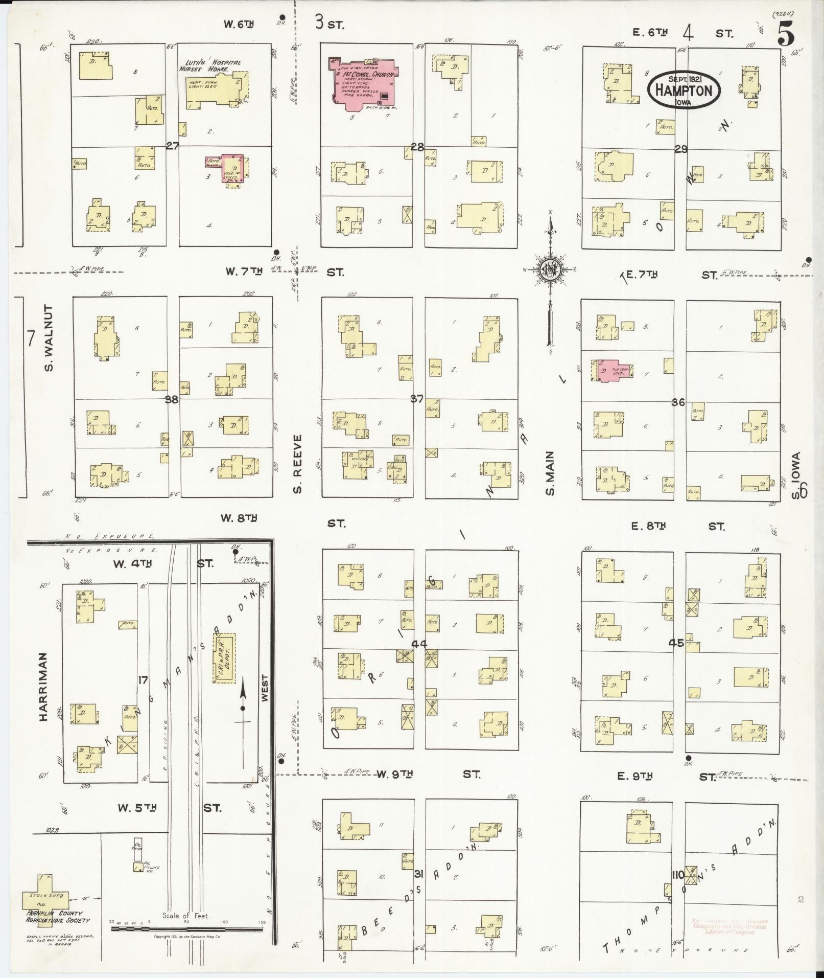 Sanborn Fire Insurance Map from Hampton, Franklin County, Iowa (1921), Sheet #0005 - Historic Sanborn Fire Insurance Map Print, vintage old map wall art