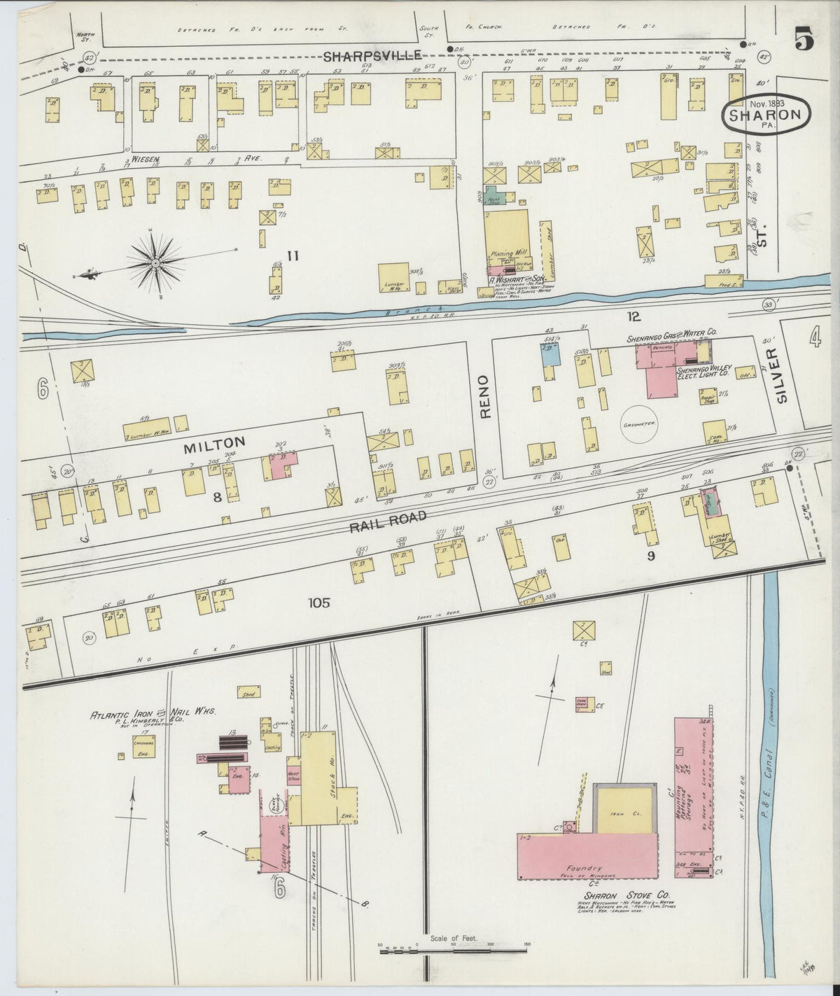 Sanborn Fire Insurance Map from Sharon, Mercer County, Pennsylvania (1893), Sheet #0005 - Historic Sanborn Fire Insurance Map Print, vintage old map wall art, antique decor, genealogy gift, Pennsylvania Pennsylvania map