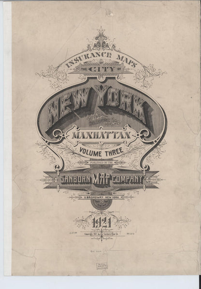 Sanborn Fire Insurance Map from New York, Bronx, Manhattan, New York (1921), Sheet #0001 - Historic Sanborn Fire Insurance Map Print, vintage old map wall art, antique decor, genealogy gift, New York New York map
