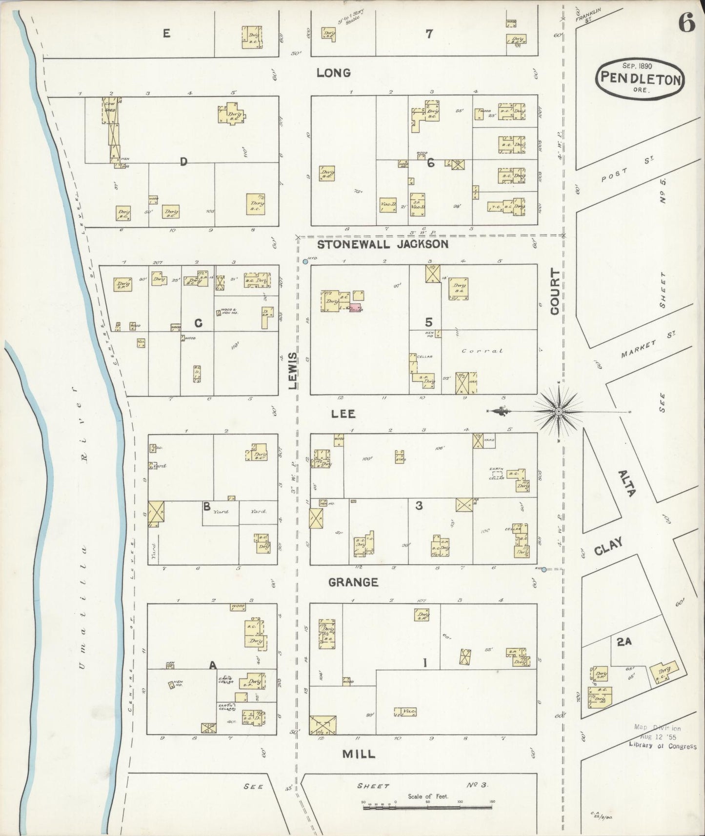 Sanborn Fire Insurance Map from Pendleton, Umatilla County, Oregon (1890), Sheet #0006 - Complete Map Set gallery image, historic Sanborn map, vintage wall art, Oregon Oregon