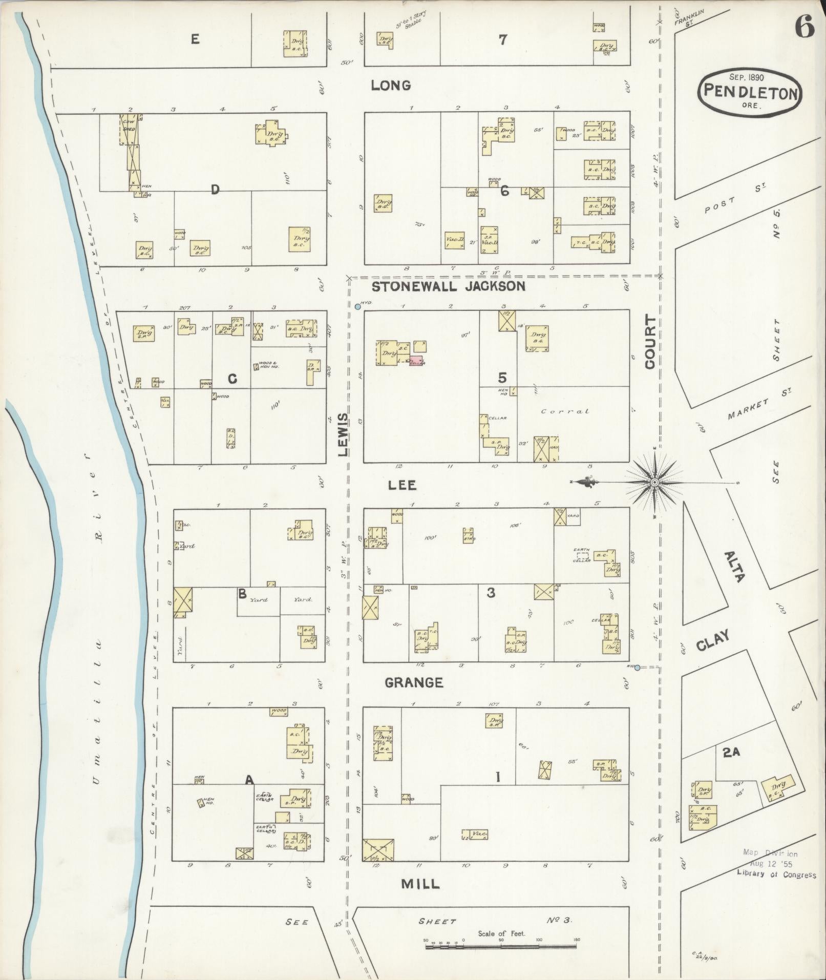 Sanborn Fire Insurance Map from Pendleton, Umatilla County, Oregon (1890), Sheet #0006 - Complete Map Set gallery image, historic Sanborn map, vintage wall art, Oregon Oregon