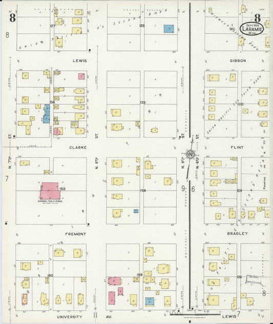 Sanborn Fire Insurance Map from Laramie, Albany County, Wyoming (1924), Sheet #0008 - Historic Sanborn Fire Insurance Map Print, vintage old map wall art, antique decor, genealogy gift, Wyoming Wyoming map
