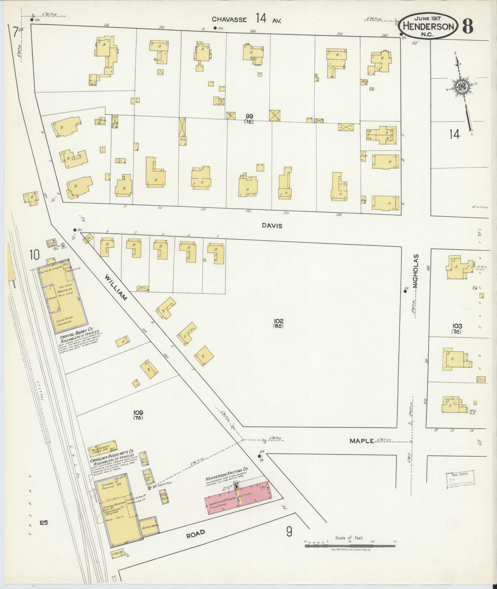 Sanborn Fire Insurance Map from Henderson, Vance County, North Carolina (1917), Sheet #0008 - Historic Sanborn Fire Insurance Map Print, vintage old map wall art, antique decor, genealogy gift, North Carolina North Carolina map