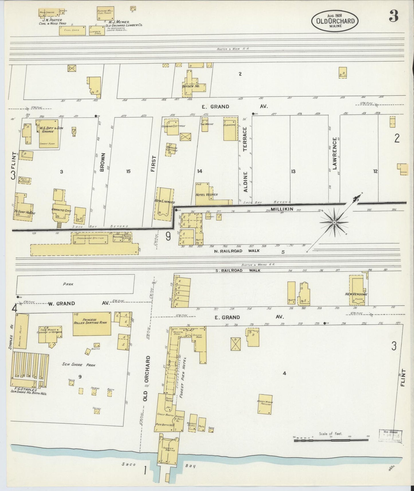 Sanborn Fire Insurance Map from Old Orchard, York County, Maine (1908), Sheet #0003 - Complete Map Set gallery image, historic Sanborn map, vintage wall art, Maine Maine