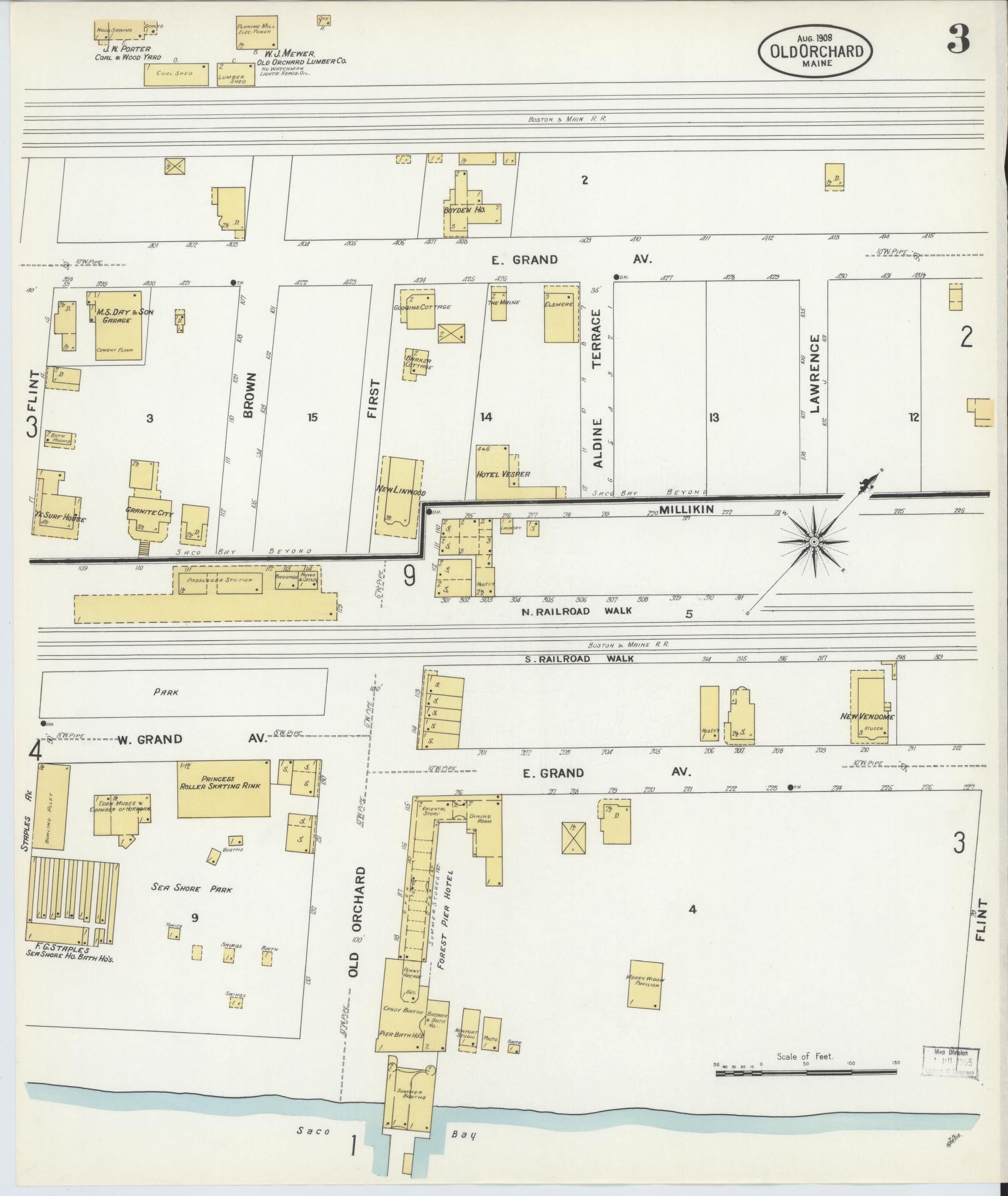 Sanborn Fire Insurance Map from Old Orchard, York County, Maine (1908), Sheet #0003 - Complete Map Set gallery image, historic Sanborn map, vintage wall art, Maine Maine