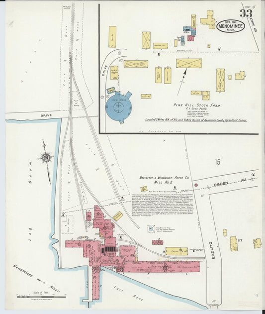 Sanborn Fire Insurance Map from Menominee, Menominee County, Michigan (1921), Sheet #0033 - Historic Sanborn Fire Insurance Map Print, vintage old map wall art, antique decor, genealogy gift, Michigan Michigan map