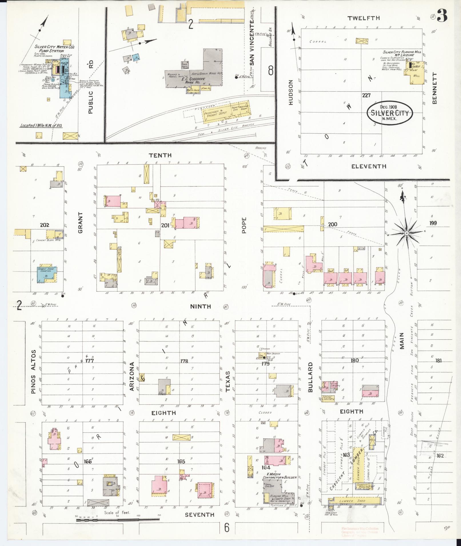 Sanborn Fire Insurance Map from Silver City, Grant County, New Mexico (1908), Sheet #0003 - Historic Sanborn Fire Insurance Map Print, vintage old map wall art, antique decor, genealogy gift, New Mexico New Mexico map