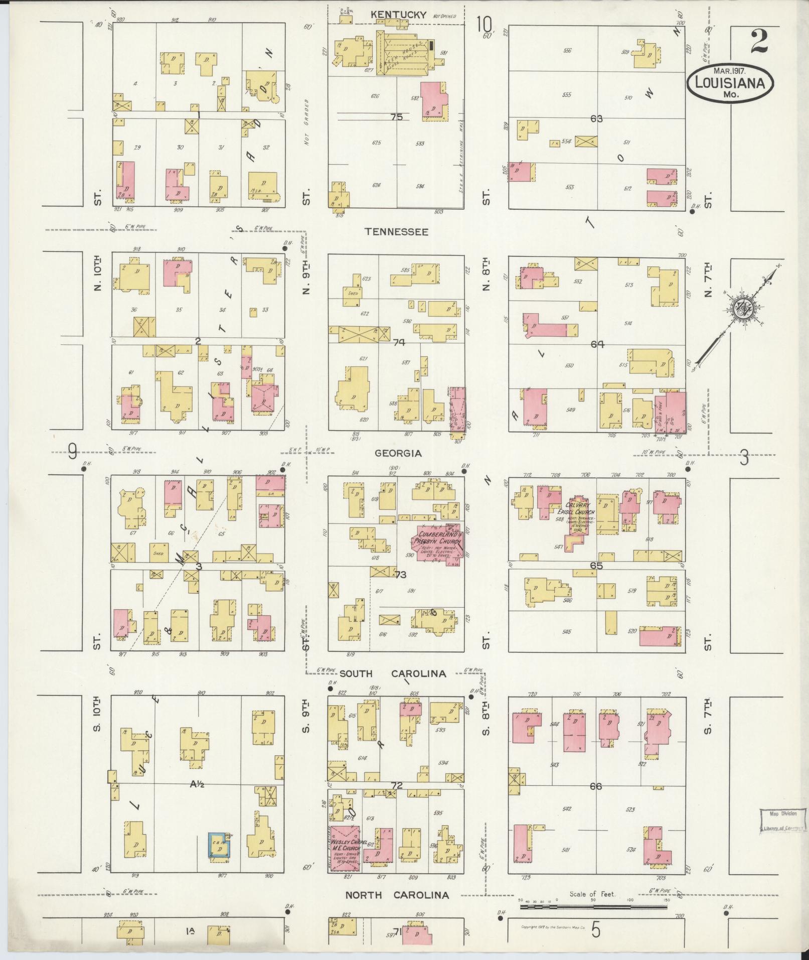 Sanborn Fire Insurance Map from Louisiana, Pike County, Missouri (1917), Sheet #0002 - Complete Map Set gallery image, historic Sanborn map, vintage wall art, Missouri Missouri
