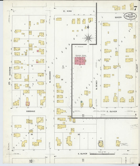 Sanborn Fire Insurance Map from Owosso, Shiawassee County, Michigan (1908), Sheet #0007 - Historic Sanborn Fire Insurance Map Print, vintage old map wall art, antique decor, genealogy gift, Michigan Michigan map