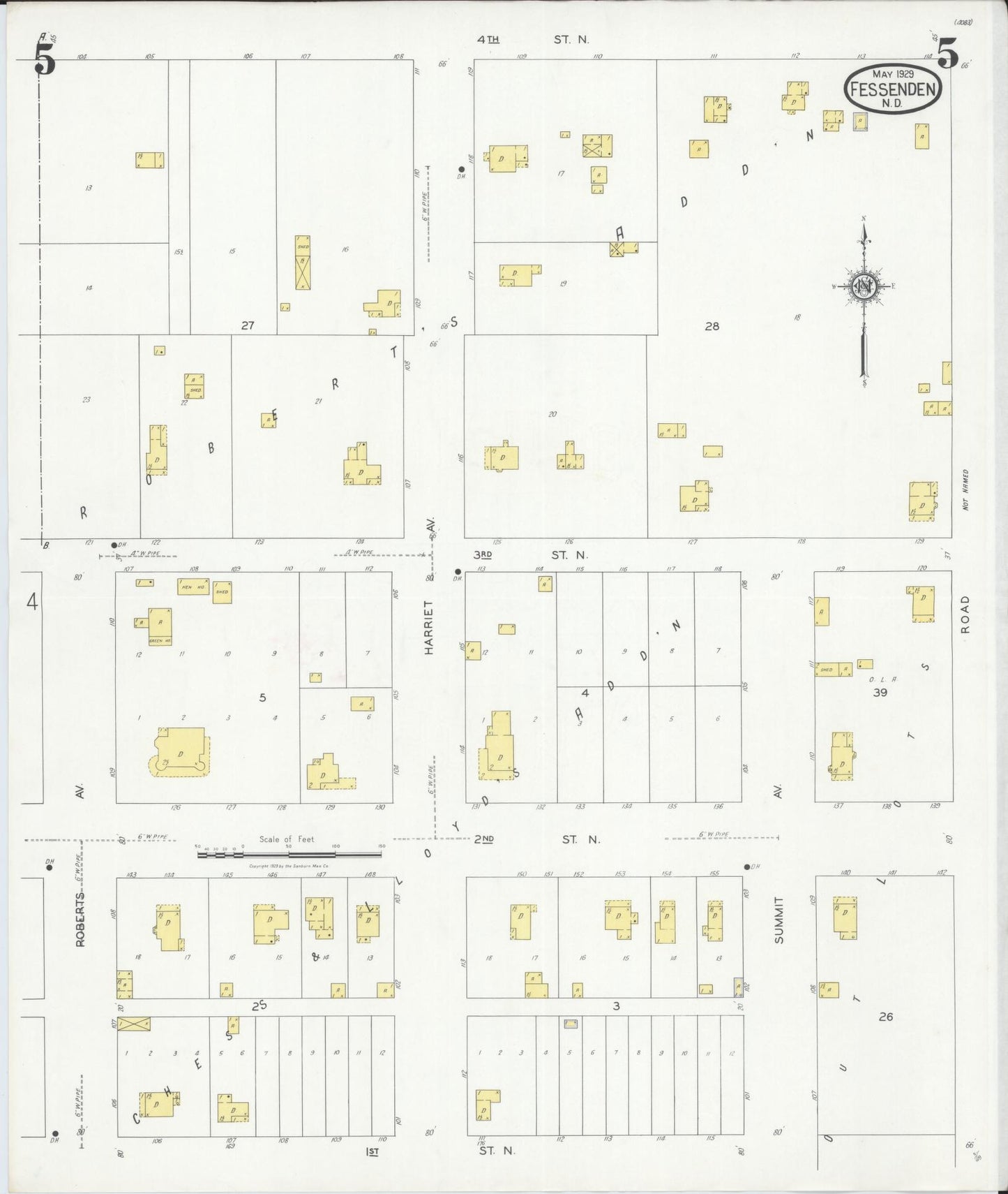 Sanborn Fire Insurance Map from Fessenden, Wells County, North Dakota (1929), Sheet #0005 - Historic Sanborn Fire Insurance Map Print, vintage old map wall art, antique decor, genealogy gift, North Dakota North Dakota map