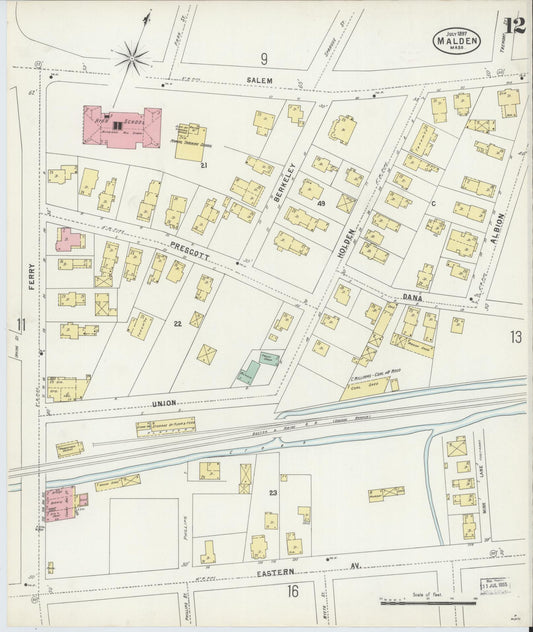 Sanborn Fire Insurance Map from Malden, Middlesex County, Massachusetts (1897), Sheet #0012 - Historic Sanborn Fire Insurance Map Print, vintage old map wall art, antique decor, genealogy gift, Massachusetts Massachusetts map