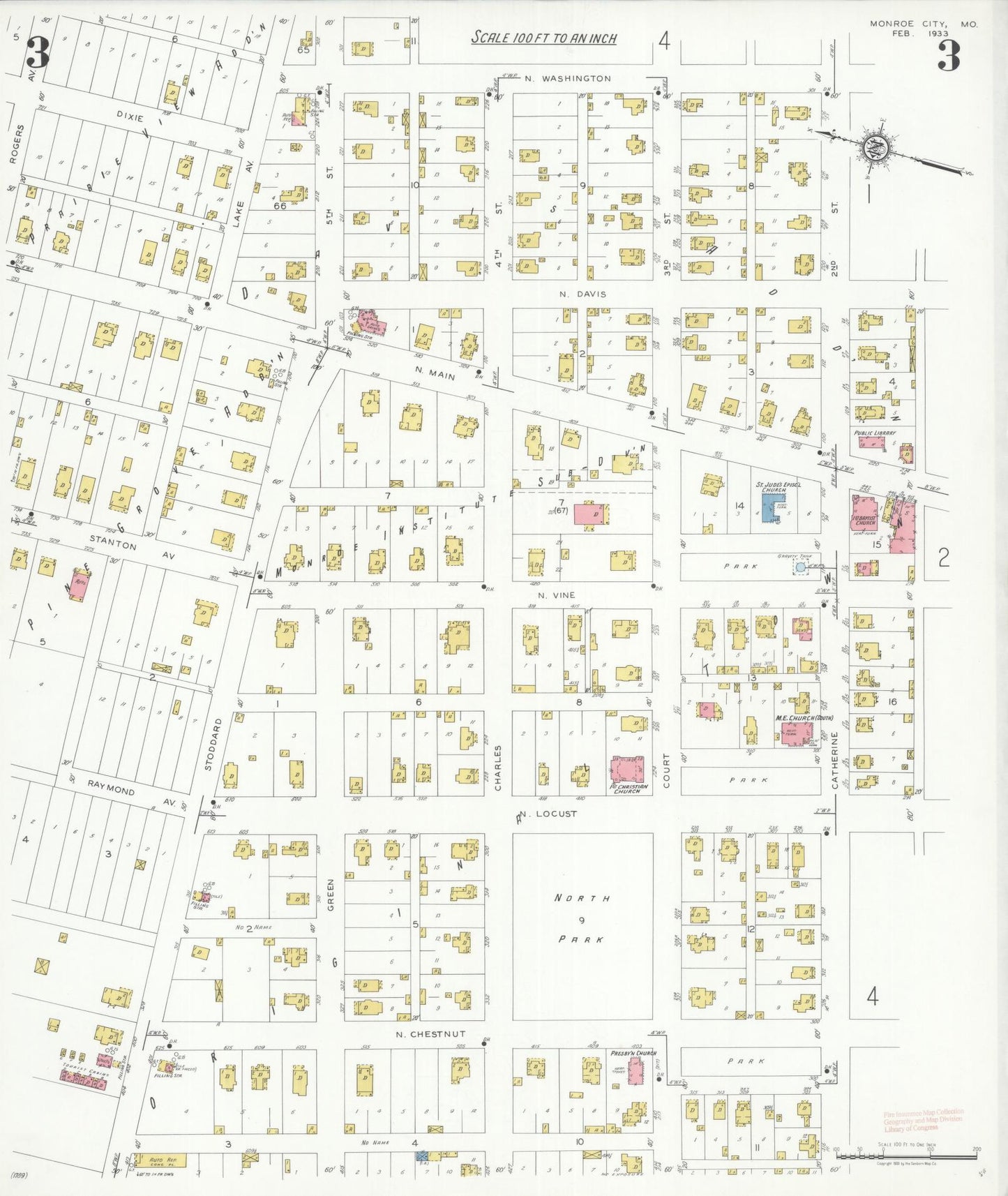 Sanborn Fire Insurance Map from Monroe City, Monroe County, Missouri (1933), Sheet #0003 - Complete Map Set gallery image, historic Sanborn map, vintage wall art, Missouri Missouri
