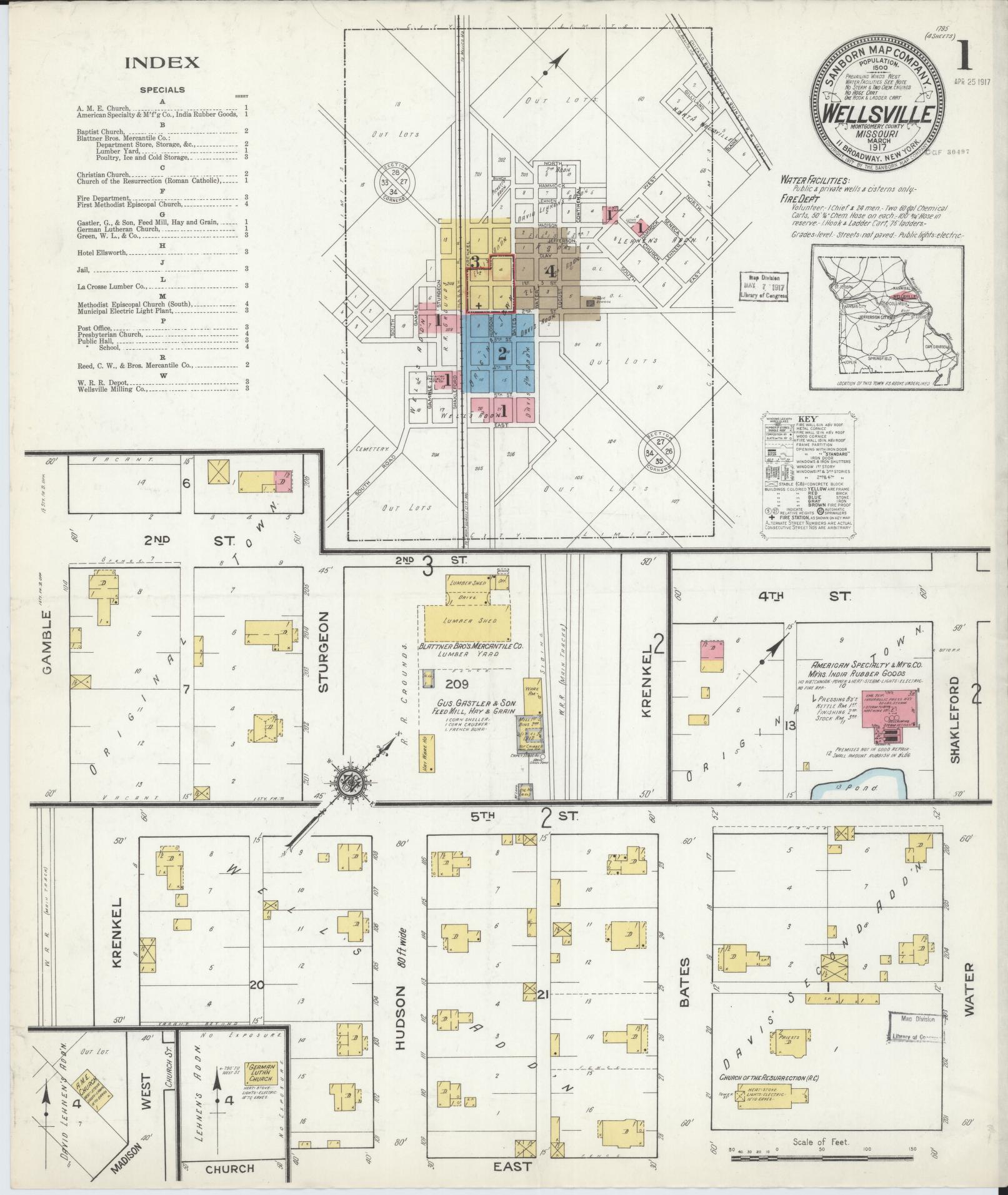 Sanborn Fire Insurance Map from Wellsville, Montgomery County, Missouri (1917), Sheet #0001 - Complete Map Set gallery image, historic Sanborn map, vintage wall art, Missouri Missouri