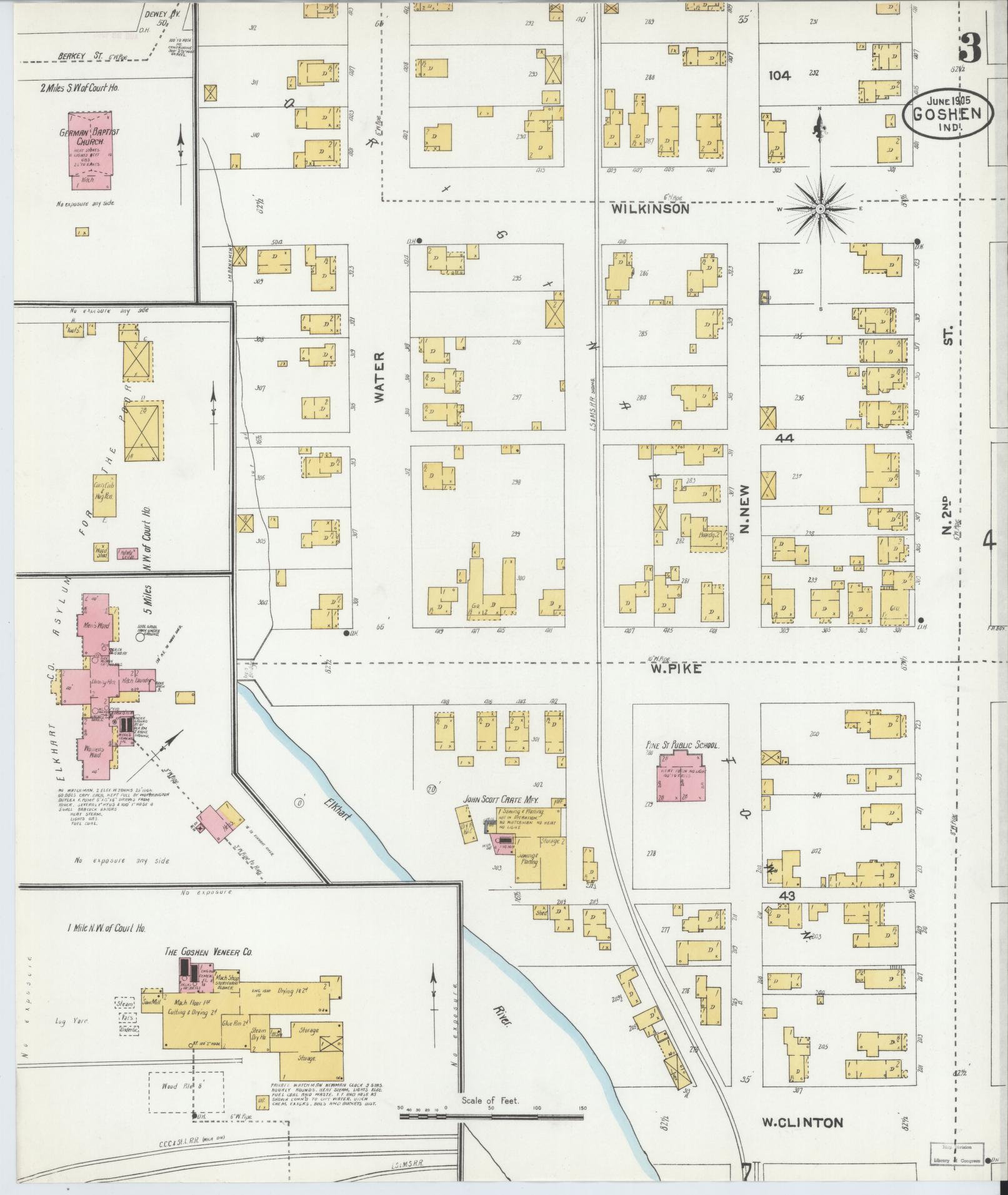 Sanborn Fire Insurance Map from Goshen, Elkhart County, Indiana (1905), Sheet #0003 - Historic Sanborn Fire Insurance Map Print, vintage old map wall art, antique decor, genealogy gift, Indiana Indiana map