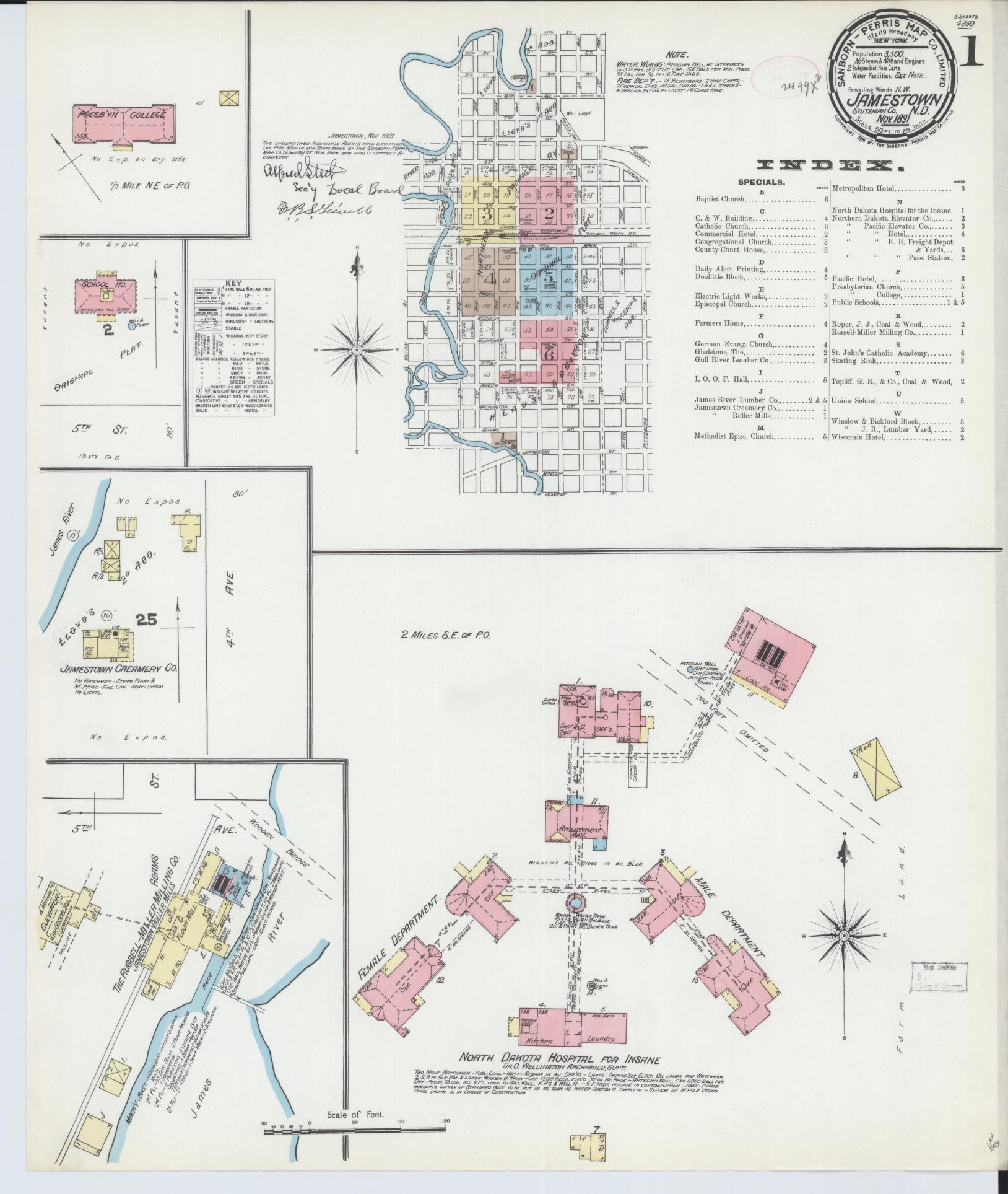 Sanborn Fire Insurance Map from Jamestown, Stutsman County, North Dakota (1891), Sheet #0001 - Historic Sanborn Fire Insurance Map Print, vintage old map wall art, antique decor, genealogy gift, North Dakota North Dakota map