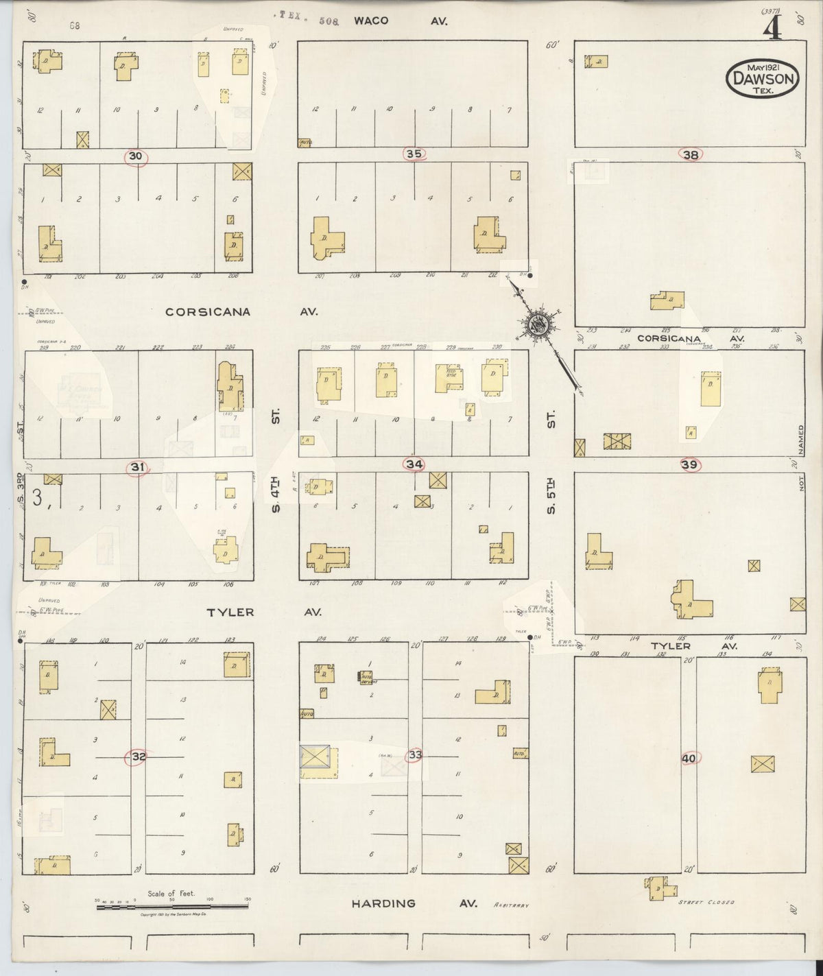 Sanborn Fire Insurance Map from Dawson, Navarro County, Texas (1943), Sheet #0004 - Historic Sanborn Fire Insurance Map Print, vintage old map wall art, antique decor, genealogy gift, Texas Texas map