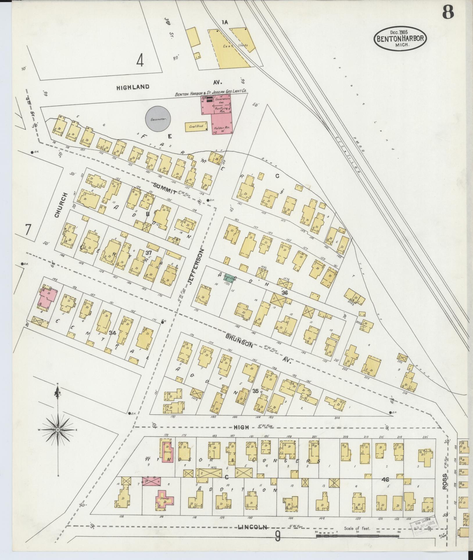 Sanborn Fire Insurance Map from Benton Harbor, Berrien County, Michigan (1905), Sheet #0008 - Historic Sanborn Fire Insurance Map Print, vintage old map wall art, antique decor, genealogy gift, Michigan Michigan map