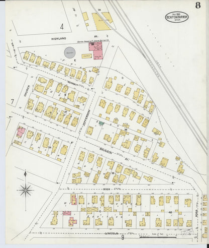 Sanborn Fire Insurance Map from Benton Harbor, Berrien County, Michigan (1905), Sheet #0008 - Historic Sanborn Fire Insurance Map Print, vintage old map wall art, antique decor, genealogy gift, Michigan Michigan map
