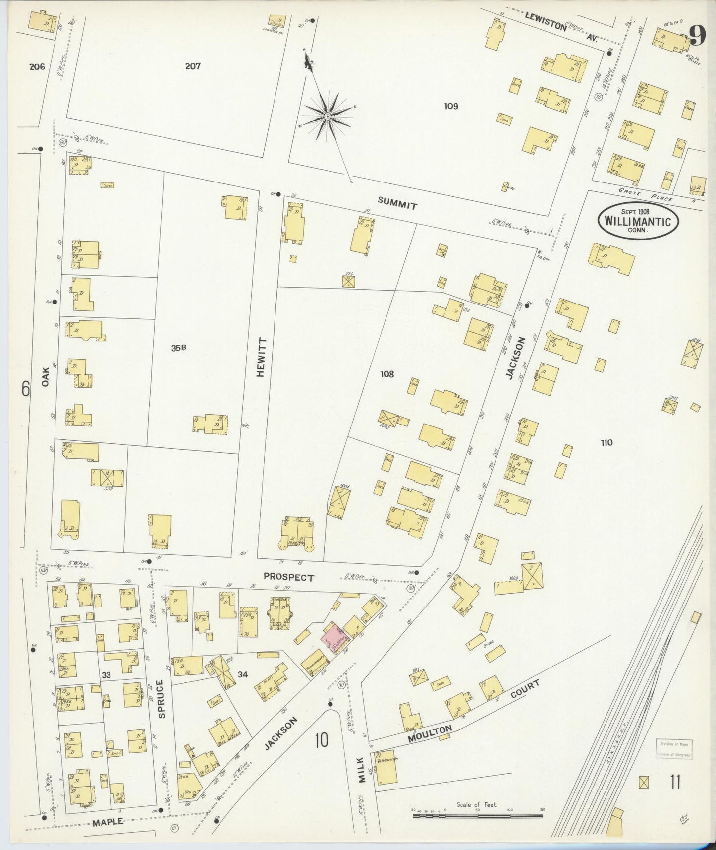 Sanborn Fire Insurance Map from Willimantic, Windham County, Connecticut (1908), Sheet #0009 - Historic Sanborn Fire Insurance Map Print, vintage old map wall art, antique decor, genealogy gift, Connecticut Connecticut map