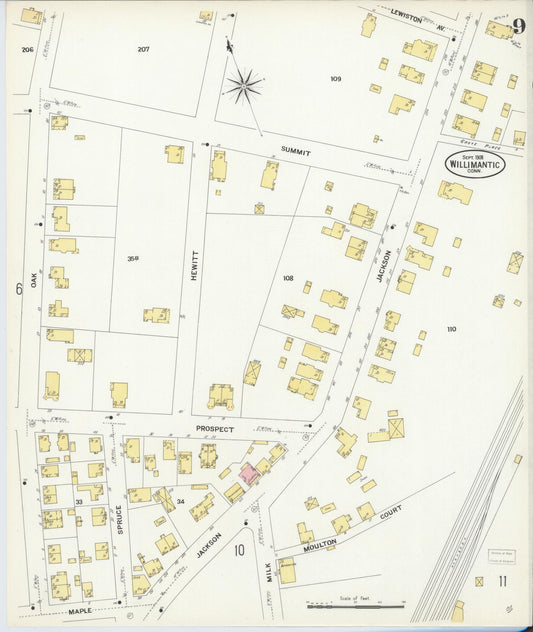 Sanborn Fire Insurance Map from Willimantic, Windham County, Connecticut (1908), Sheet #0009 - Historic Sanborn Fire Insurance Map Print, vintage old map wall art, antique decor, genealogy gift, Connecticut Connecticut map