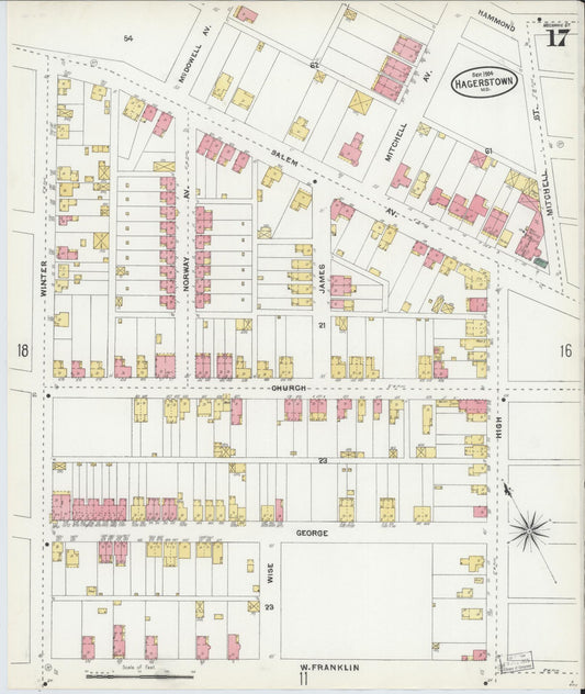 Sanborn Fire Insurance Map from Hagerstown, Washington County, Maryland (1904), Sheet #0017 - Historic Sanborn Fire Insurance Map Print, vintage old map wall art, antique decor, genealogy gift, Maryland Maryland map